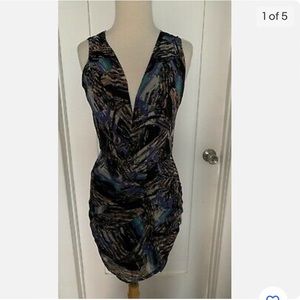 NWT! MYNE ASHLEY ANN  Abstract Print V Neck Ruched 100% Silk Dress 8